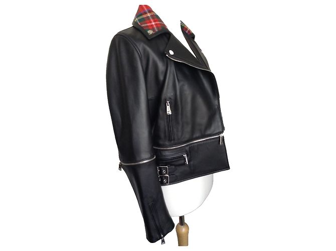 Christopher Kane Lederjacke Schwarz mit Tartan Kragen Biker Jacke Mehrfarben - Ansicht 15