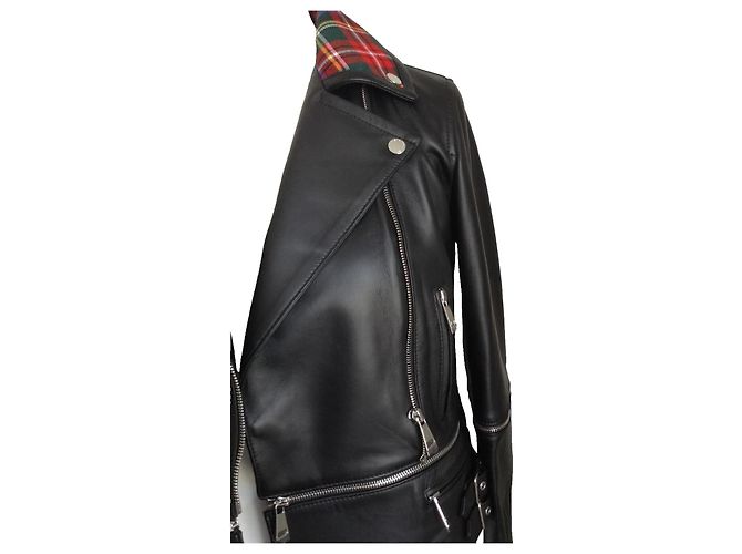 Christopher Kane Lederjacke Schwarz mit Tartan Kragen Biker Jacke Mehrfarben - Ansicht 18