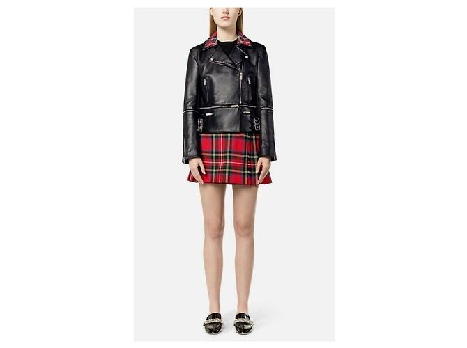 Christopher Kane Lederjacke Schwarz mit Tartan Kragen Biker Jacke Mehrfarben - Ansicht 2