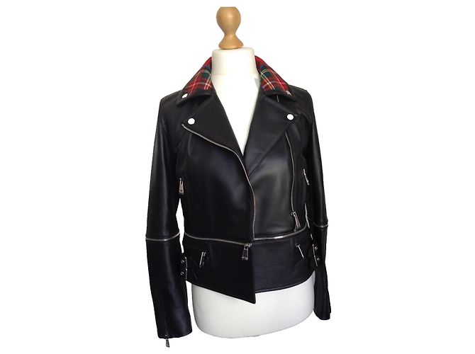 Christopher Kane Lederjacke Schwarz mit Tartan Kragen Biker Jacke Mehrfarben - Ansicht 4