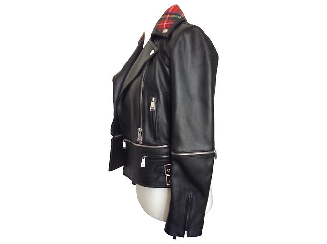 Christopher Kane Lederjacke Schwarz mit Tartan Kragen Biker Jacke Mehrfarben - Ansicht 8