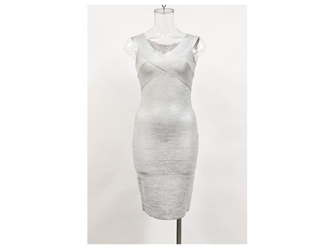 Mini abito in bandage criss cross Herve Leger in rayon argento - vista 6