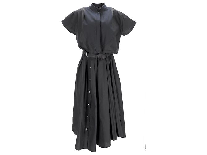 Vestido midi con corte y cinturón Sacai en poliéster negro - vista 6