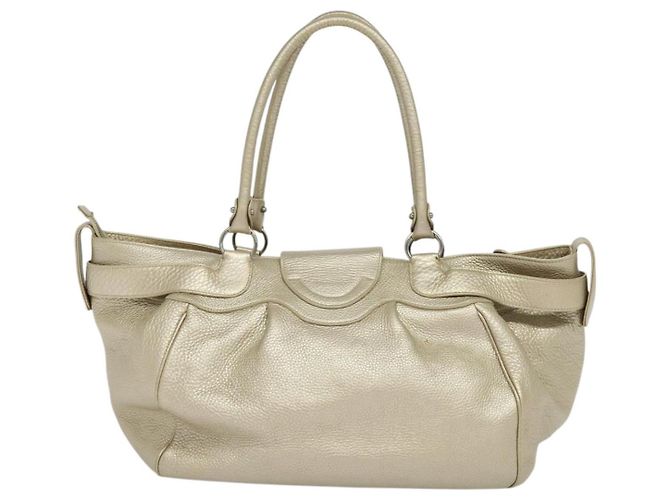 Borsa Tote Gancini in pelle argento oro Auth JB034 di Salvatore Ferragamo - vista 2