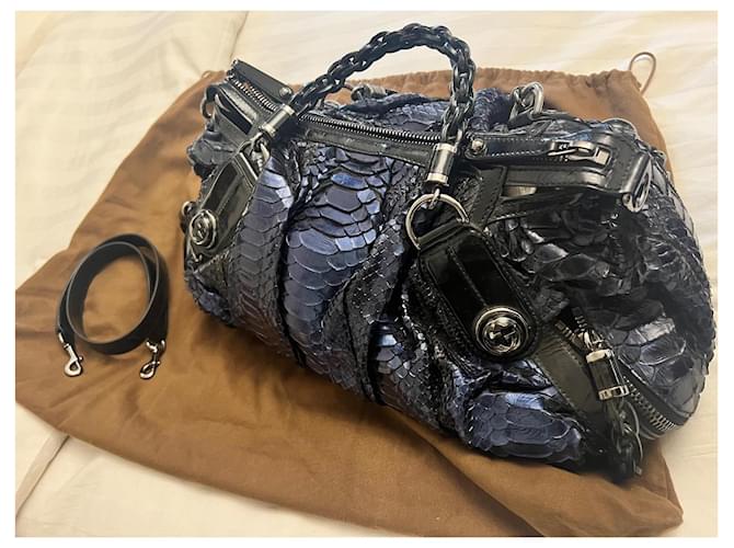 Borsa Galaxy Grande in Python Blu e Pelle Nera Gucci Nero Blu scuro - vista 12