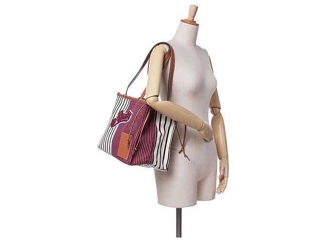 LOEWE Rot Paulas Ibiza Große Canvas Streifen Tasche - Ansicht 10