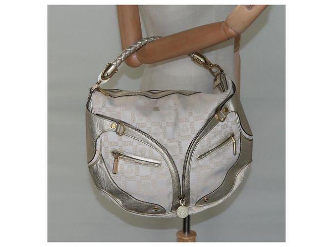 Borsa a spalla Gianni Versace in tela e pelle bianca dorata Auth bs23095 Bianco D'oro - vista 20