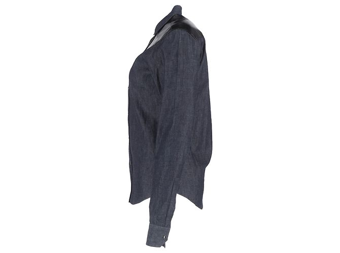 Langarmhemd aus grauem Baumwoll-Denim mit Lederbesatz von Saint Laurent - Ansicht 2
