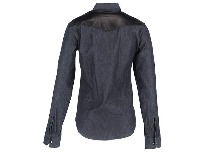 Langarmhemd aus grauem Baumwoll-Denim mit Lederbesatz von Saint Laurent - Ansicht 3
