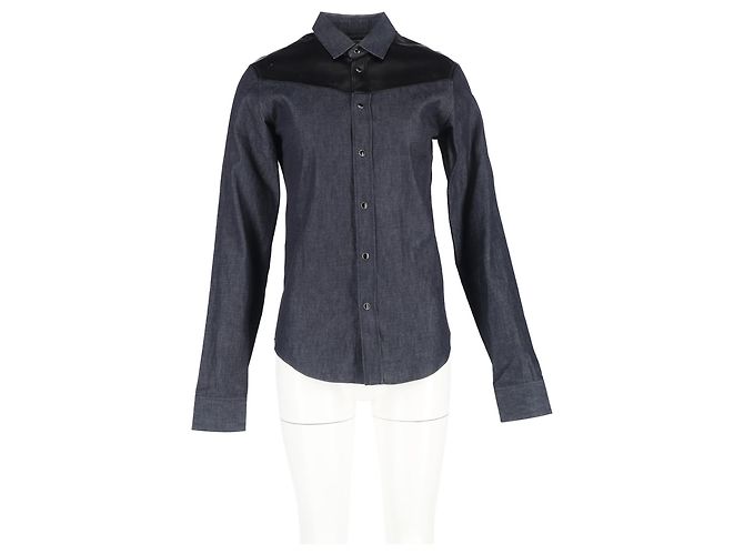 Langarmhemd aus grauem Baumwoll-Denim mit Lederbesatz von Saint Laurent - Ansicht 4