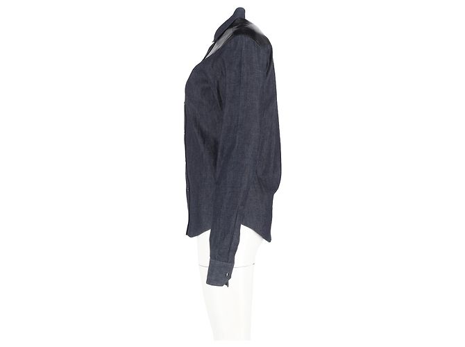 Langarmhemd aus grauem Baumwoll-Denim mit Lederbesatz von Saint Laurent - Ansicht 5