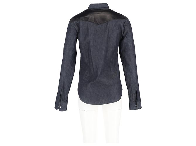 Langarmhemd aus grauem Baumwoll-Denim mit Lederbesatz von Saint Laurent - Ansicht 6