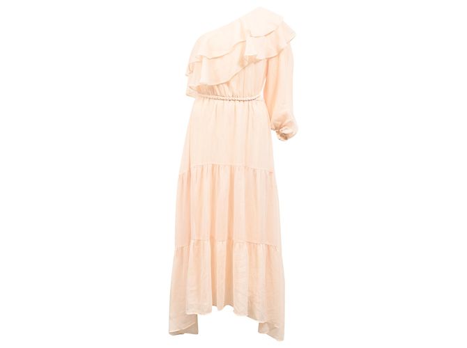 Maje Racha Midi-Kleid mit einem Schultervolant aus beiger Viskose - Ansicht 2