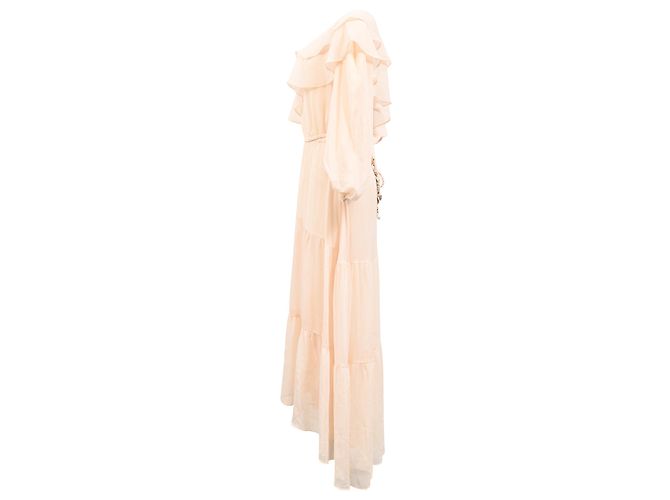 Maje Racha Midi-Kleid mit einem Schultervolant aus beiger Viskose - Ansicht 3