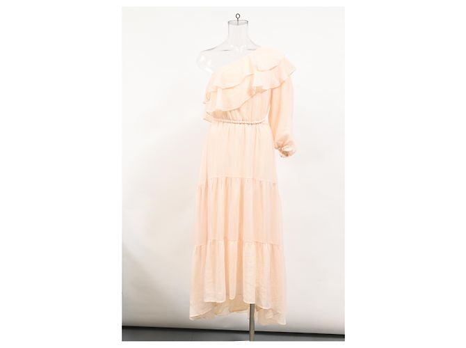 Maje Racha Midi-Kleid mit einem Schultervolant aus beiger Viskose - Ansicht 6