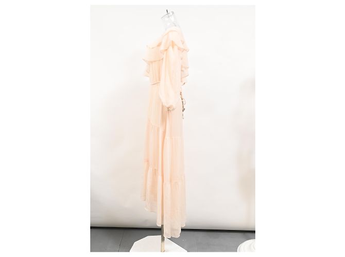 Maje Racha Midi-Kleid mit einem Schultervolant aus beiger Viskose - Ansicht 7