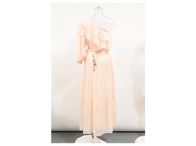 Maje Racha Midi-Kleid mit einem Schultervolant aus beiger Viskose - Ansicht 8