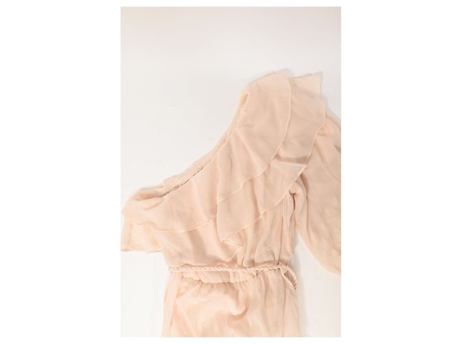 Maje Racha Midi-Kleid mit einem Schultervolant aus beiger Viskose - Ansicht 9
