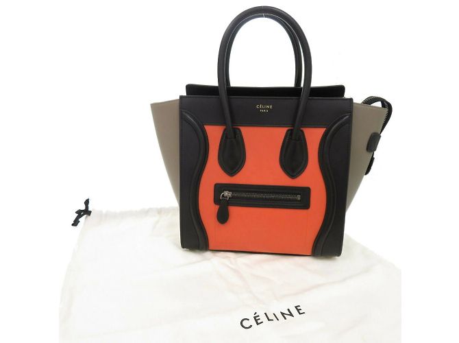 Céline Celine Luggage Micro Shopper Leather Multicolor Handbag Black Beige Orange - view 3