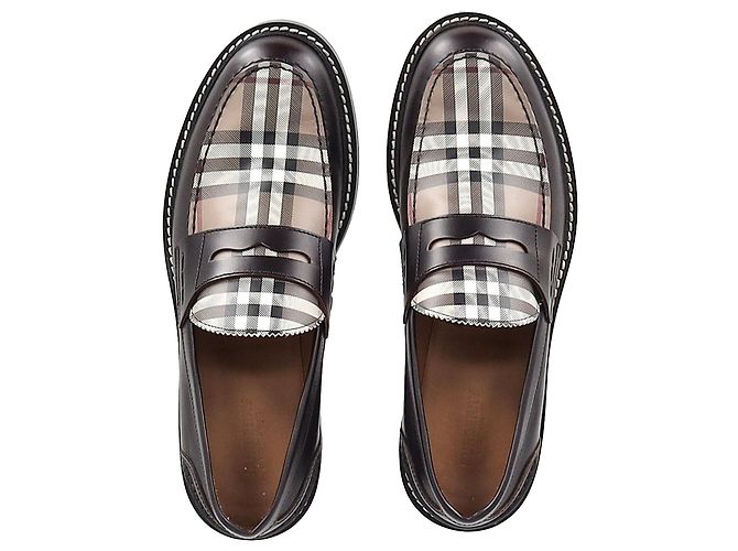 Mocassini a quadri Burberry in pelle marrone - vista 3
