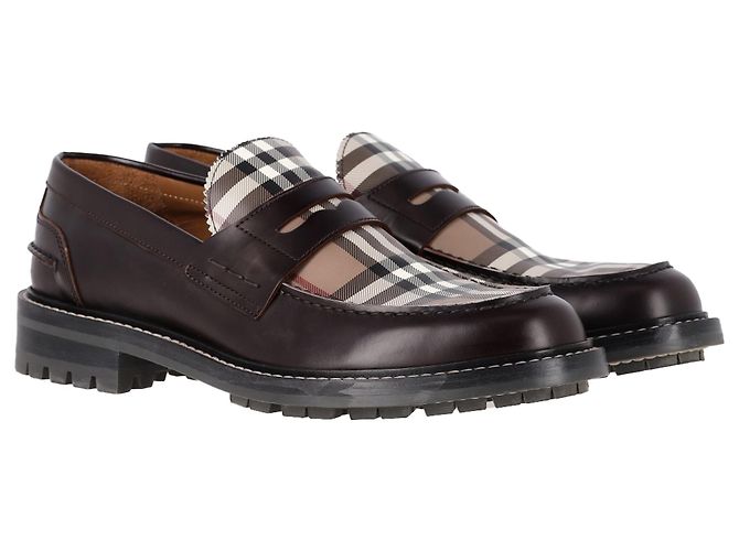 Mocassini a quadri Burberry in pelle marrone - vista 4