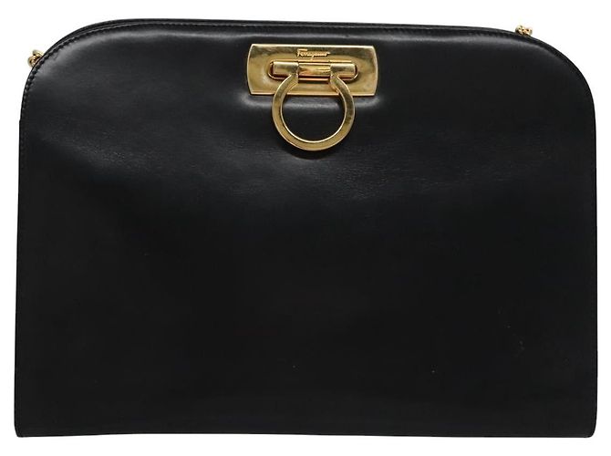 Borsa a spalla Gancini Chain in pelle nera e oro Auth BD929 di Salvatore Ferragamo Nero D'oro - vista 2