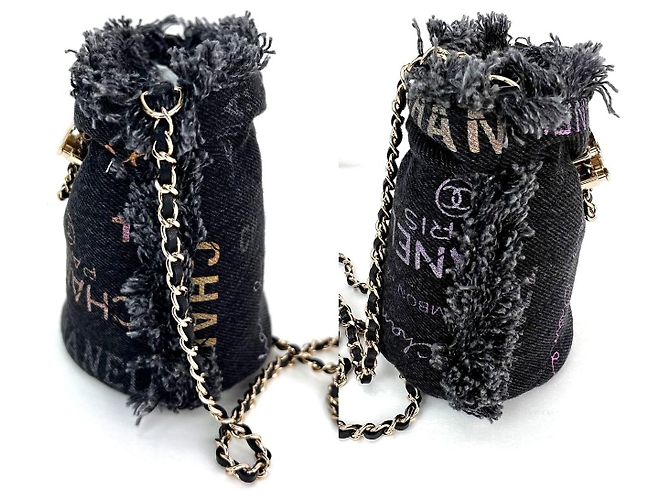 Chanel Denim gesteppter Mini-Eimer mit Kette in Schwarz - Ansicht 3