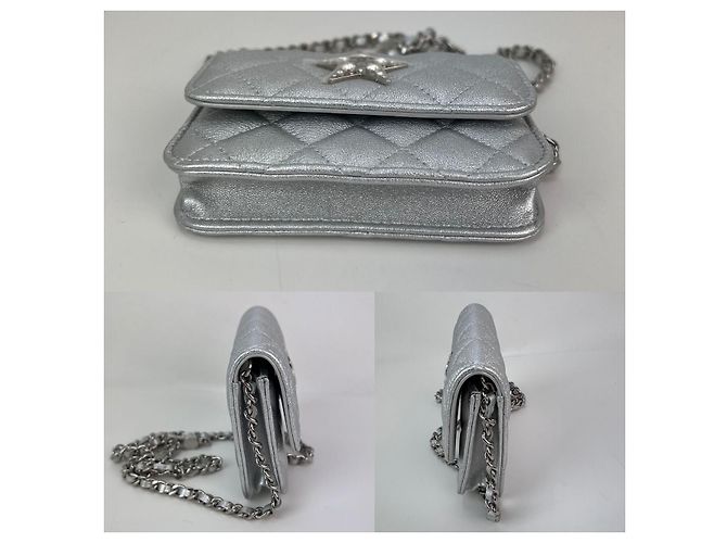 Bolsa de ombro cintura em couro de cabra metálico acolchoado estrela Chanel Prata - vista 3