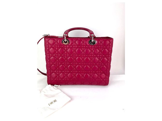 Christian Dior Borsa a Spalla Lady Dior Grande in Pelle di Agnello Cannage Rossa Rosso - vista 2