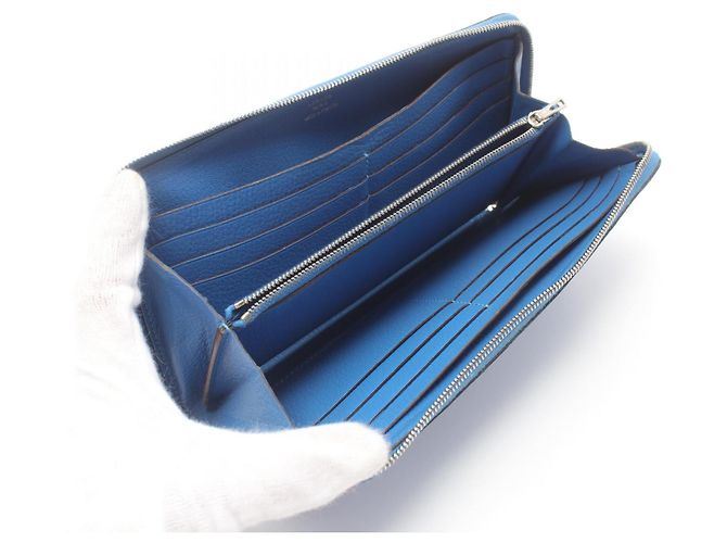 Hermès Portafoglio lungo rotondo Azap Hermes in struzzo blu - vista 3