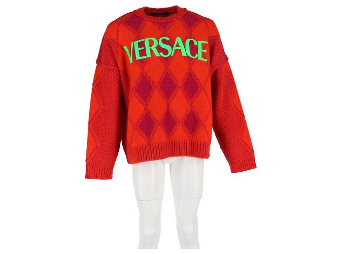 Versace Logo Argyle Sweater in Red Wool - view 4