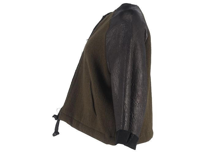 Giacca con zip Isabel Marant in lana e pelle verde oliva e nera - vista 2