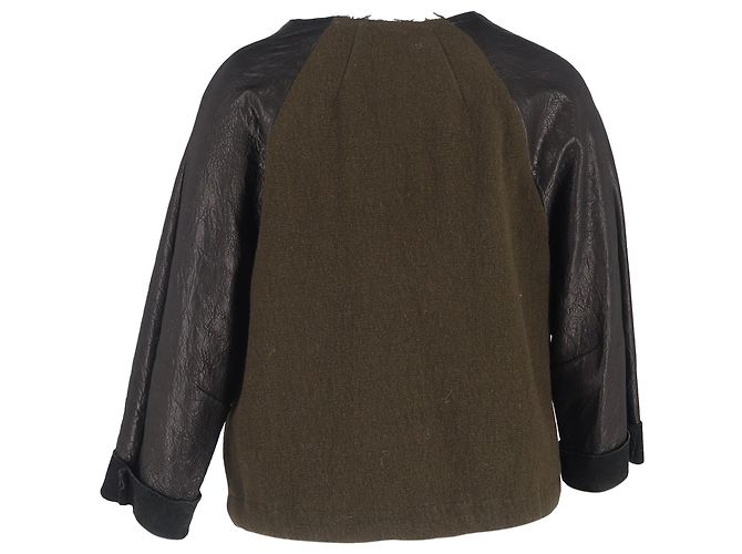Giacca con zip Isabel Marant in lana e pelle verde oliva e nera - vista 3