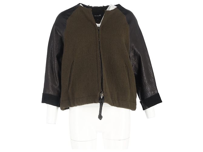Giacca con zip Isabel Marant in lana e pelle verde oliva e nera - vista 4