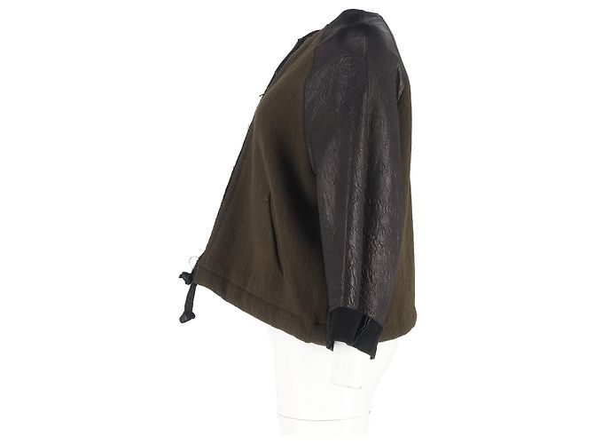 Giacca con zip Isabel Marant in lana e pelle verde oliva e nera - vista 5