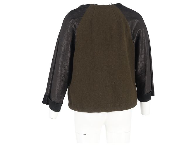 Giacca con zip Isabel Marant in lana e pelle verde oliva e nera - vista 6