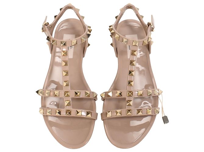 Valentino Garavani Sandali piatti Valentino Rockstud in gomma beige - vista 5