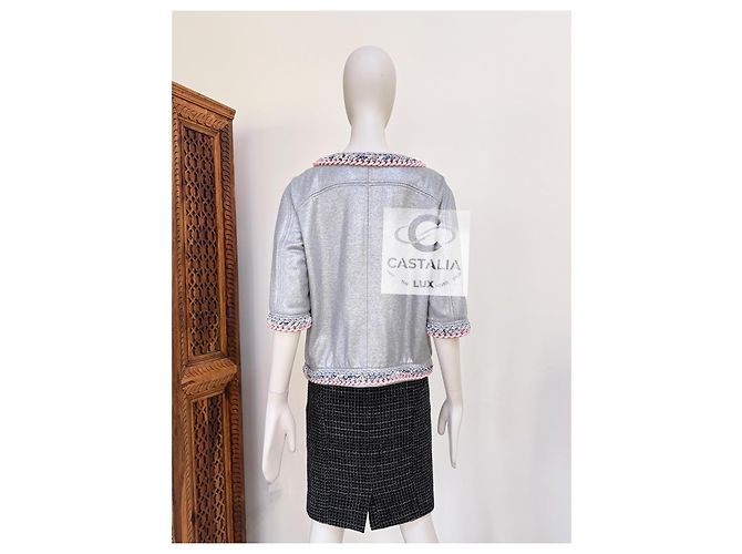 Chanel Giacca Chain Link Trim Shimmer Grey 40 FR - vista 12