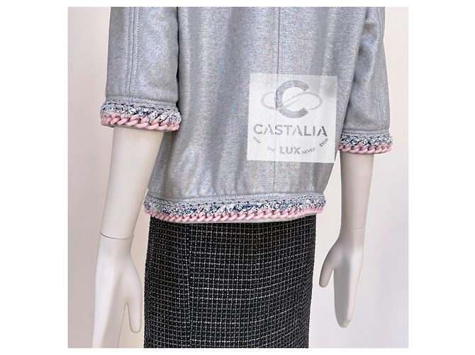 Chanel Giacca Chain Link Trim Shimmer Grey 40 FR - vista 14