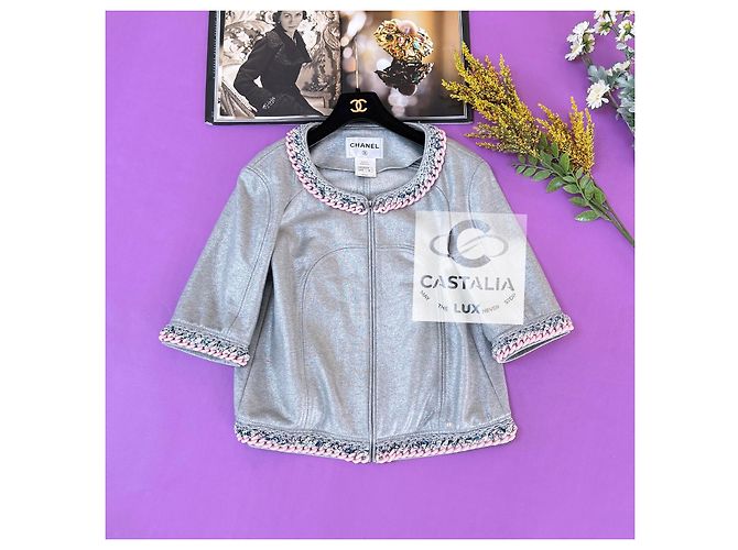 Chanel Giacca Chain Link Trim Shimmer Grey 40 FR - vista 15