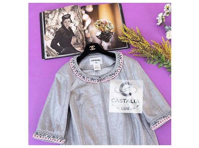 Chanel Giacca Chain Link Trim Shimmer Grey 40 FR - vista 2
