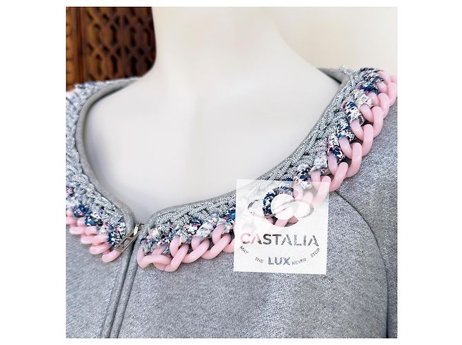 Chanel Giacca Chain Link Trim Shimmer Grey 40 FR - vista 3