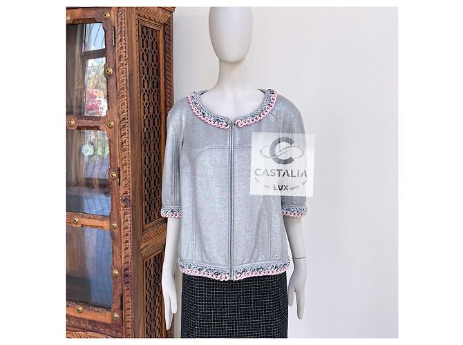 Chanel Giacca Chain Link Trim Shimmer Grey 40 FR - vista 4