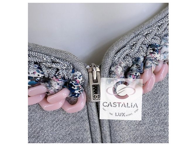 Chanel Giacca Chain Link Trim Shimmer Grey 40 FR - vista 7