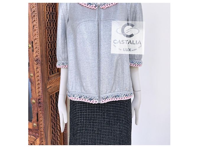 Chanel Giacca Chain Link Trim Shimmer Grey 40 FR - vista 9