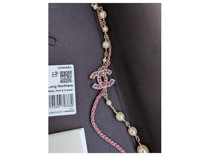 Chanel CC B21P Logo Collana in Pelle Rosa con Perle e Cristalli GHW - vista 12