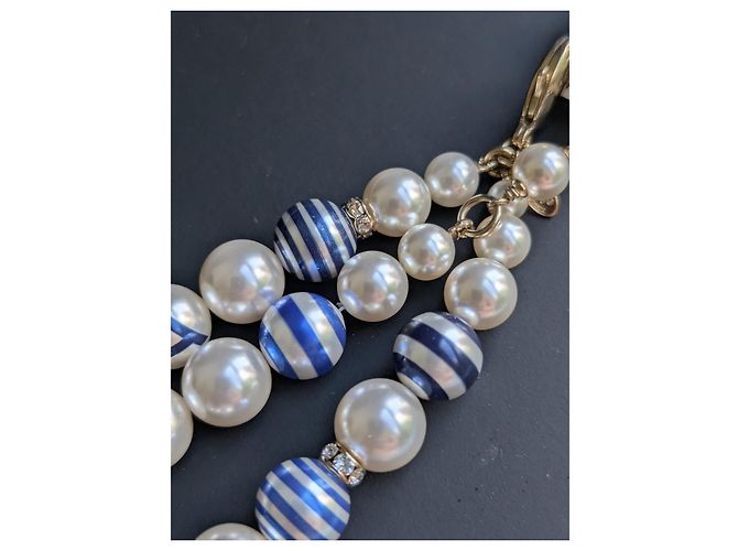 Chanel CC P19C La Pausa collana cintura logo a righe perla GHW scatola etichetta Blu - vista 10