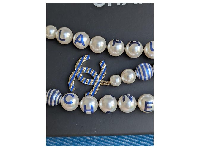 Chanel CC P19C La Pausa collana cintura logo a righe perla GHW scatola etichetta Blu - vista 11