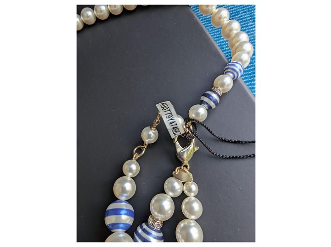 Chanel CC P19C La Pausa collana cintura logo a righe perla GHW scatola etichetta Blu - vista 14