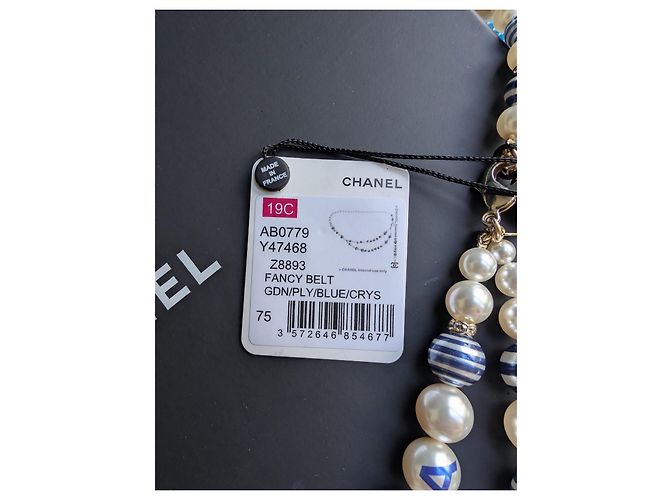 Chanel CC P19C La Pausa collana cintura logo a righe perla GHW scatola etichetta Blu - vista 15